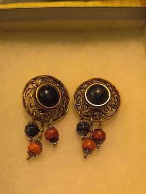 Gold Filigree Drop Earrings with Blue and Orange Beads
